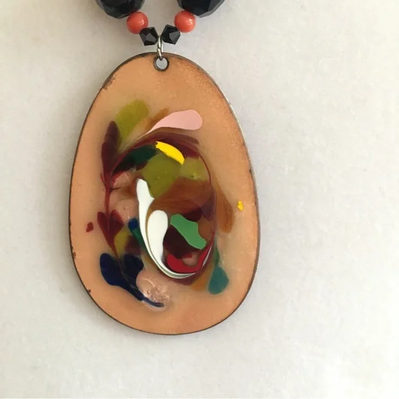 Beaded Necklace With Vintage Reversible Cloisonné Pendant - Picture 10 of 12